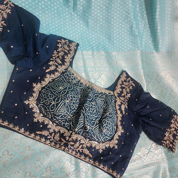 Aqua Blue Zari Woven Silk Blend Saree with Embroidered Blouse