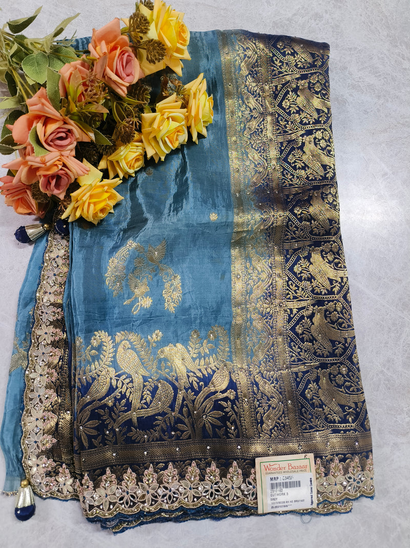 Elegant Grey Cutwork Saree with Rich Golden Zari Border