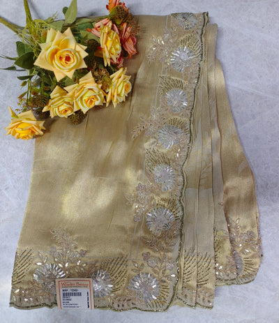 Radiant Golden Tissue Silk Saree with Scalloped Floral Sequin Border