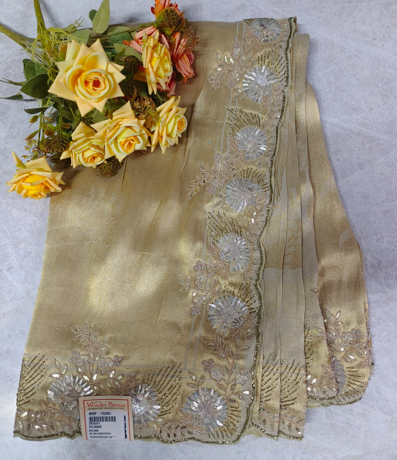 Radiant Golden Tissue Silk Saree with Scalloped Floral Sequin Border