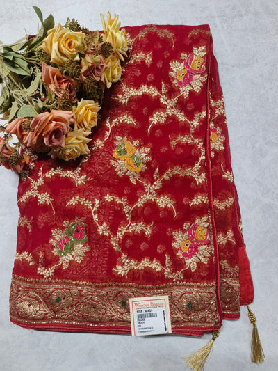 Vibrant Red Khaddi Georgette Saree with Rich Gold Zari Floral Work