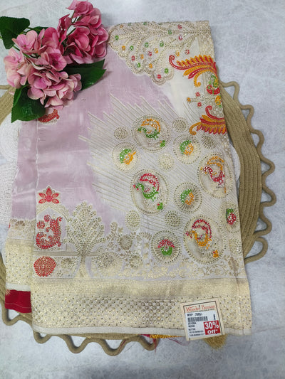 Elegant Butter Cream Designer Saree with Zardosi Peacock Motifs