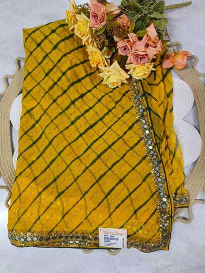 Vibrant Yellow and Green Leheriya Chiffon Saree with Mirror Work Border