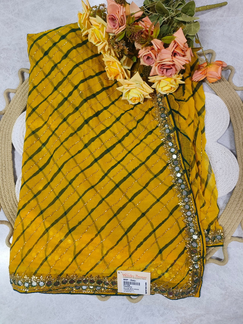 Vibrant Yellow and Green Leheriya Chiffon Saree with Mirror Work Border