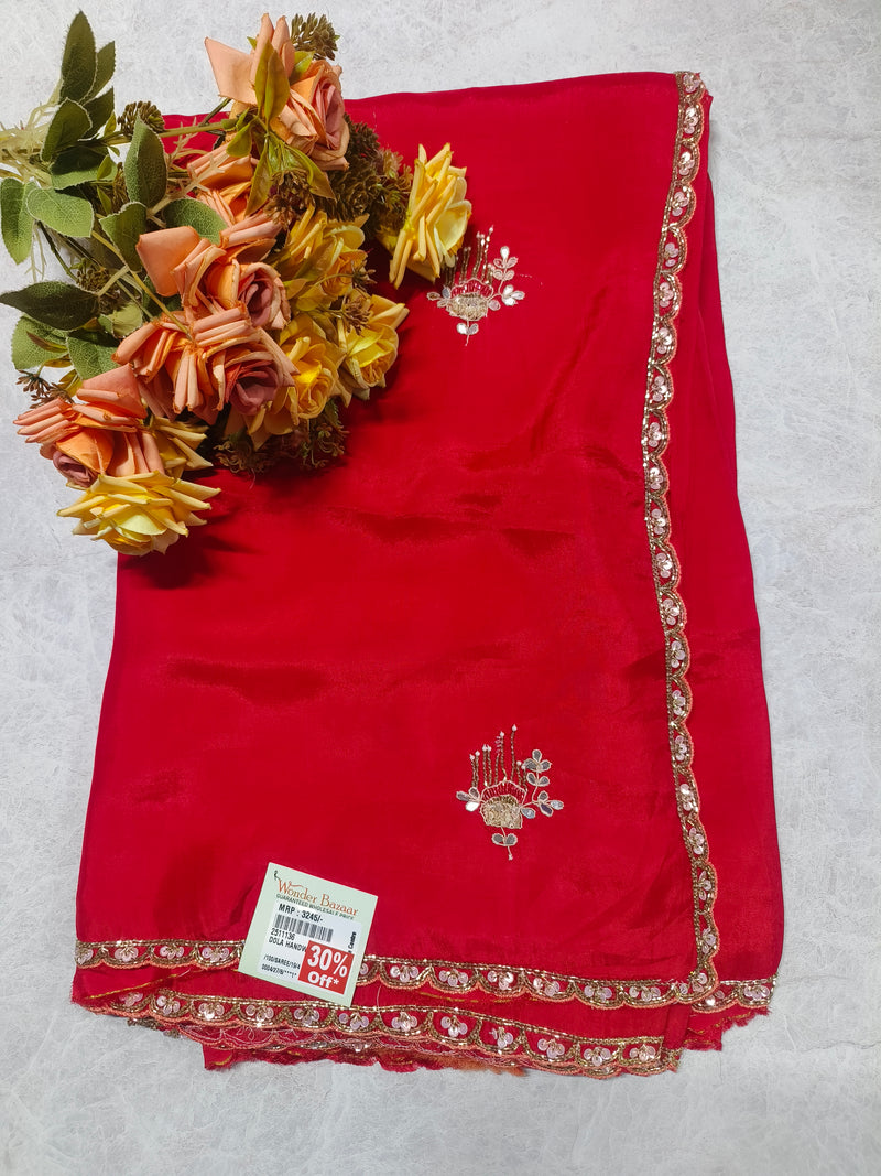 Elegant Crimson Red Dola Silk Saree with Sequin Border