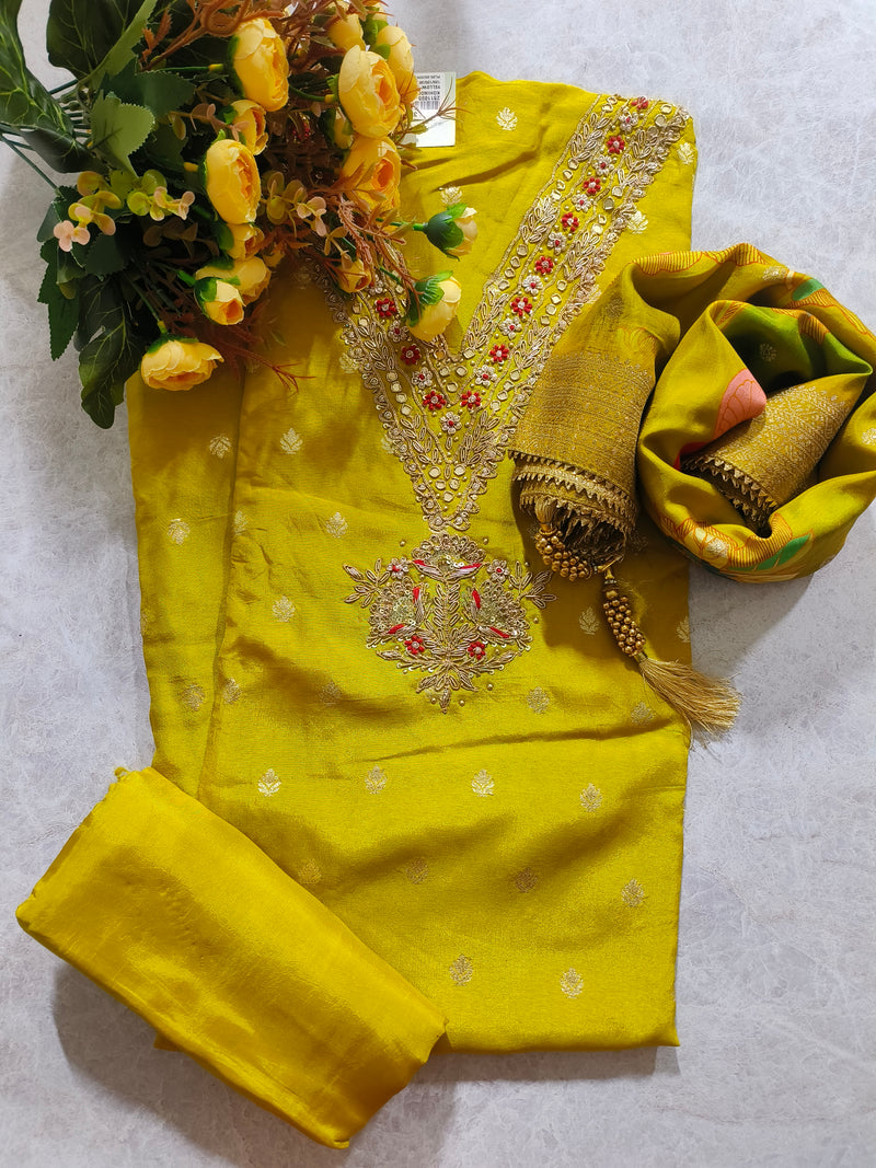 Elegant Yellow V-Neck Suit with Exquisite Zardosi Handwork