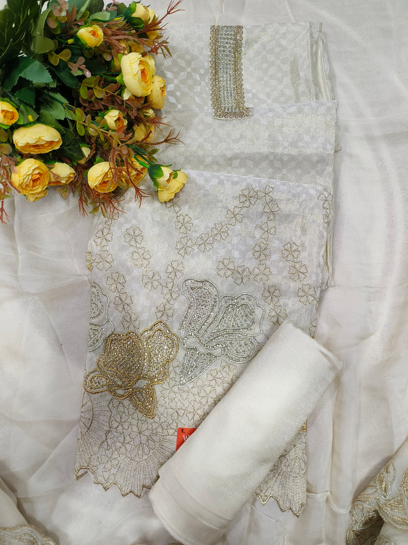 Elegant Cream & Golden Cut Work Embroidered Unstitched Salwar Suit Set