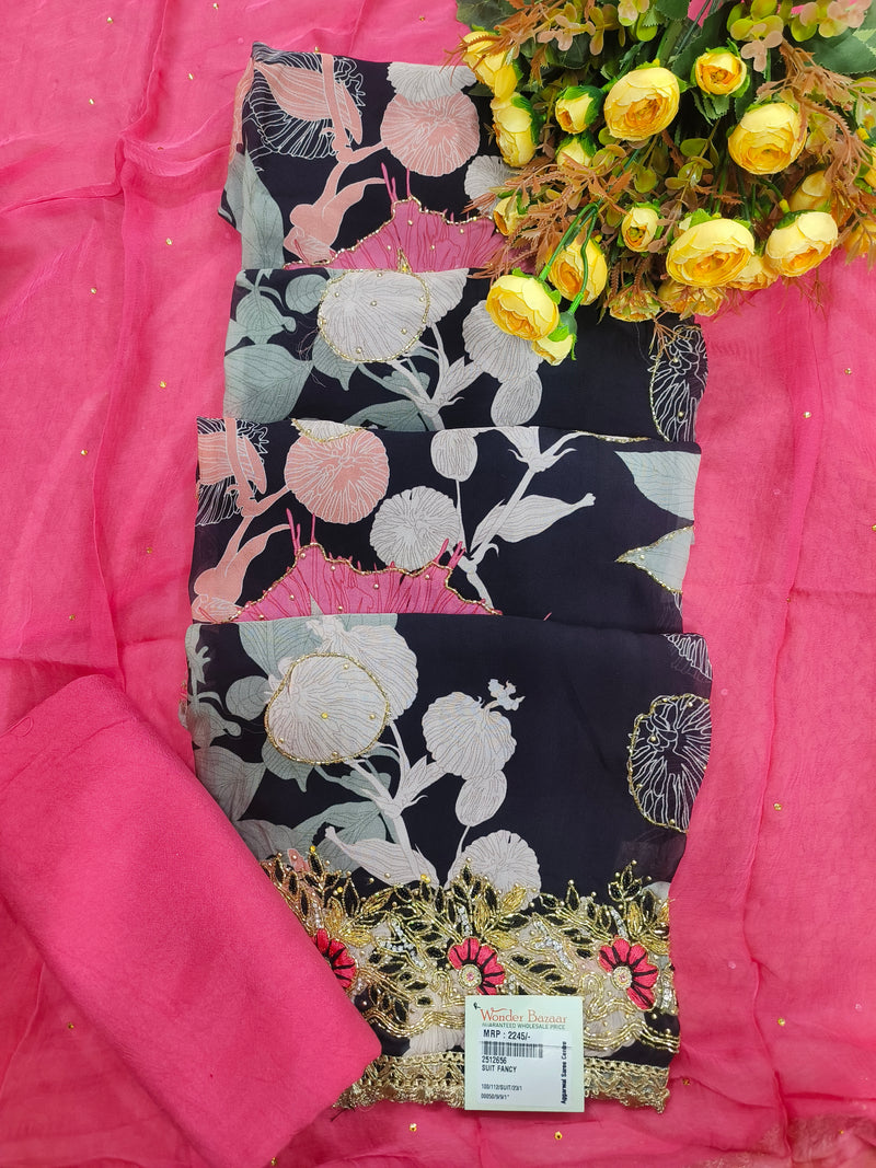 Vibrant Pink & Black Floral Georgette Salwar Suit Set with Zari Work