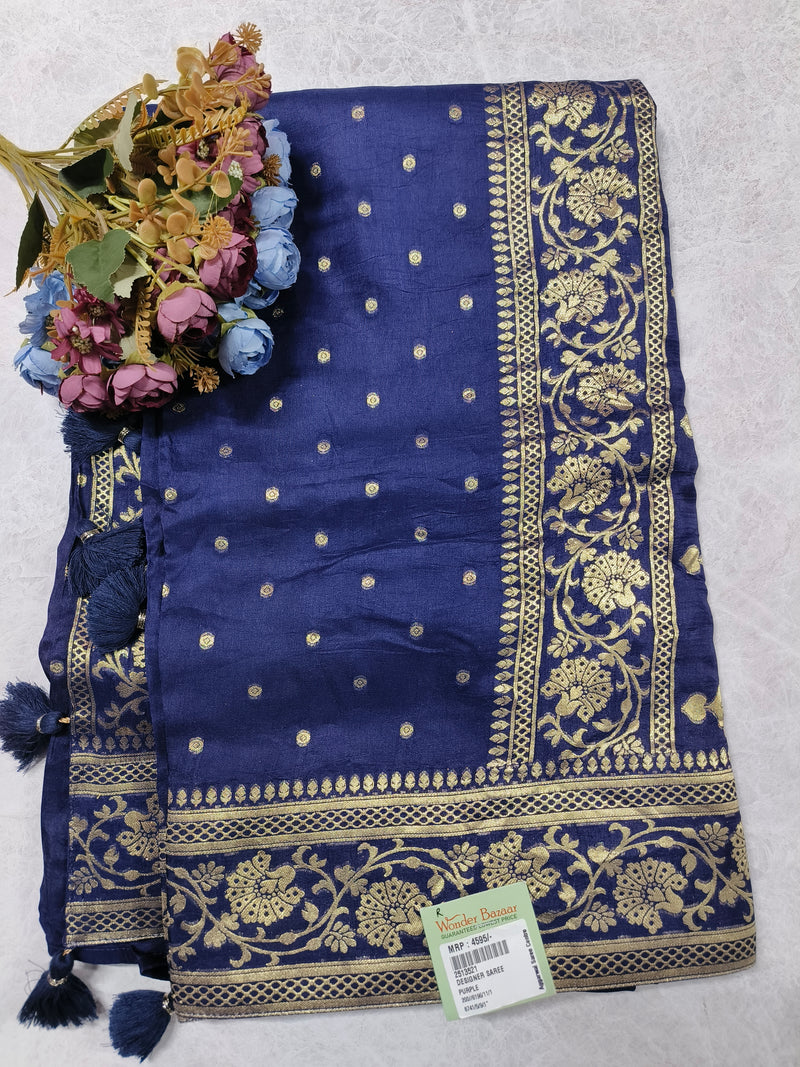 Exquisite Royal Purple Banarasi Silk Saree with Intricate Golden Zari Work