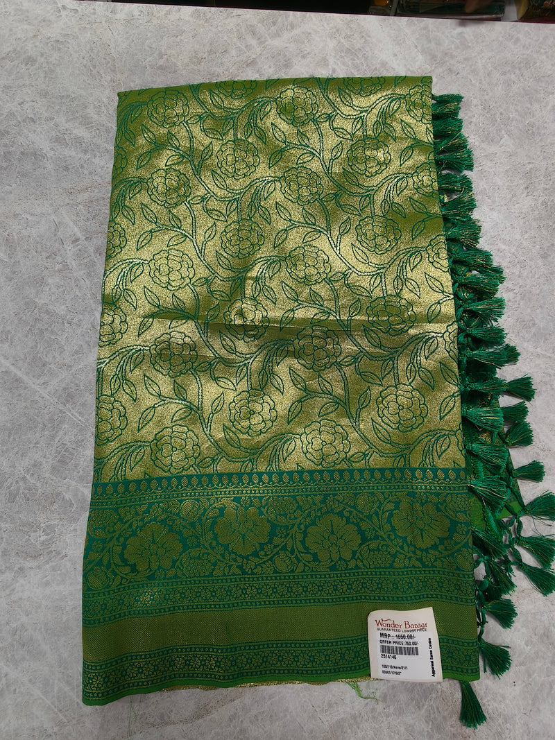 Opulent Emerald Green Silk Blend Saree with Golden Zari Weave