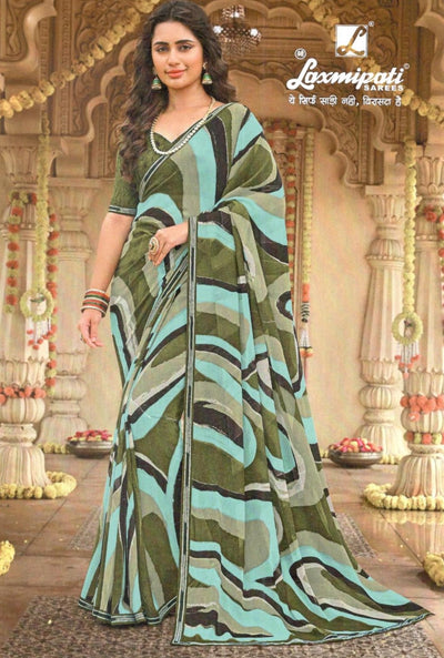 Chic Olive Green & Teal Abstract Printed Georgette Saree
