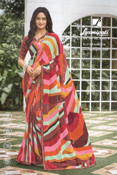 Bold Multi-Color Geometric Striped Georgette Saree
