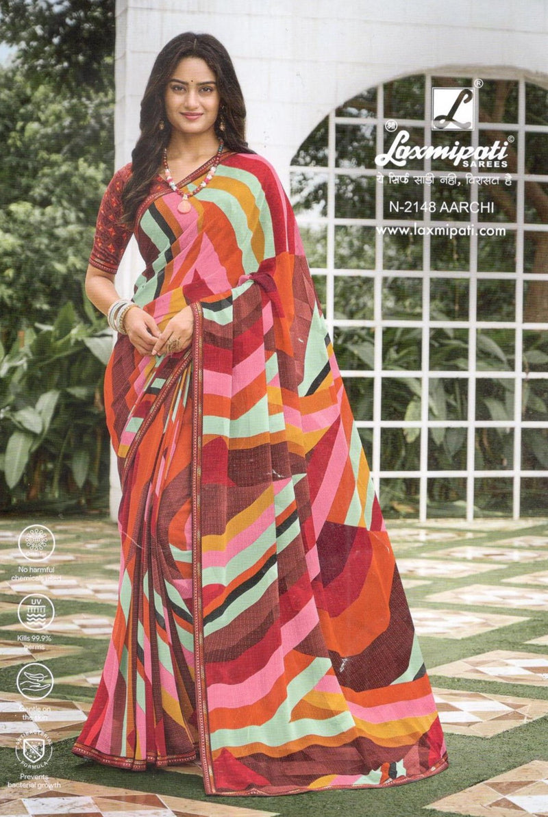Bold Multi-Color Geometric Striped Georgette Saree
