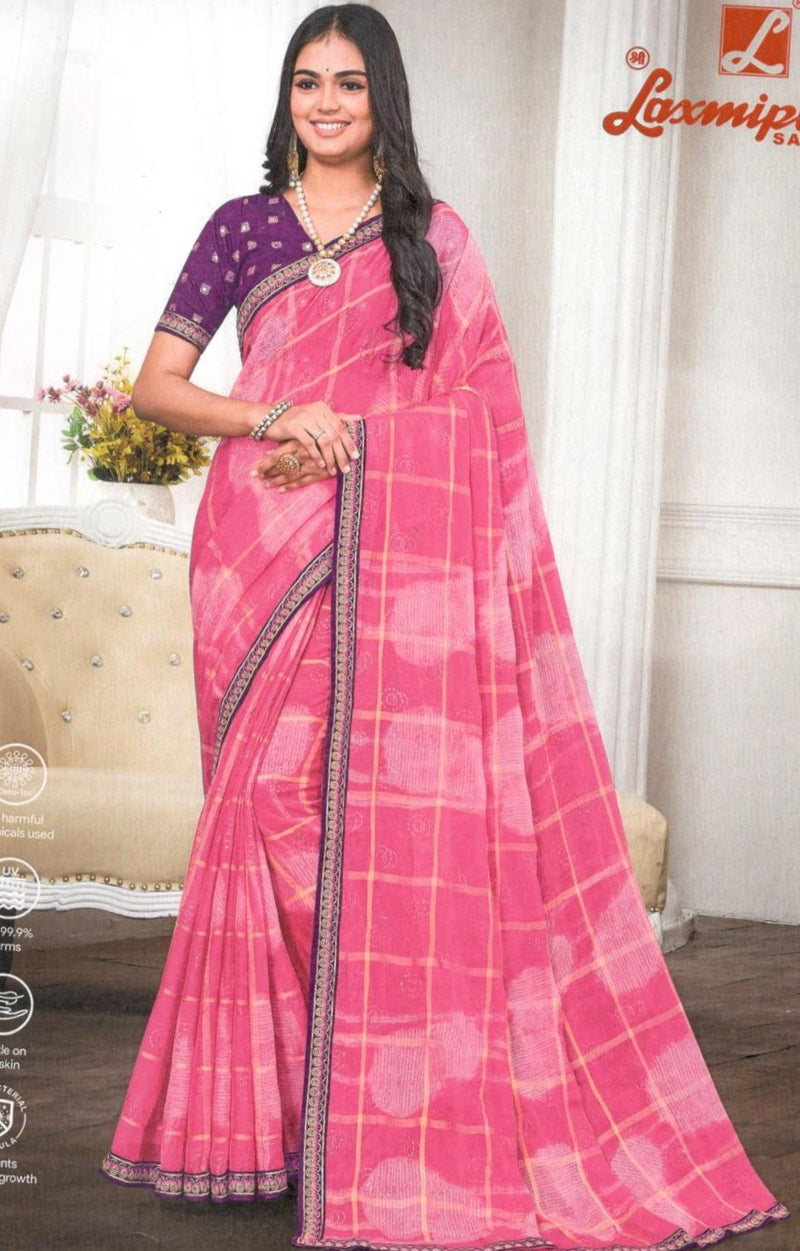 Chic Pink Fancy Saree with Checkered Pattern & Contrast Border