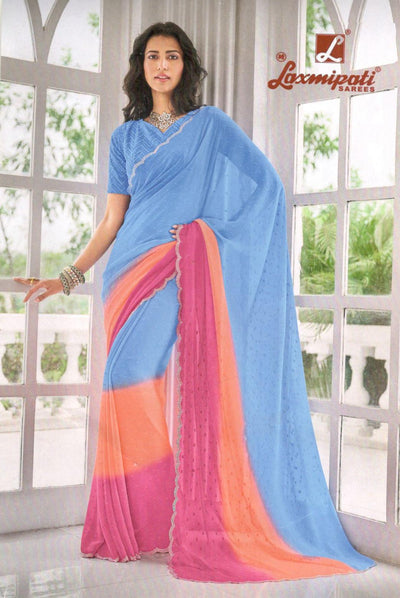 Contemporary Sky Blue Ombre Saree with Pink & Orange Shading