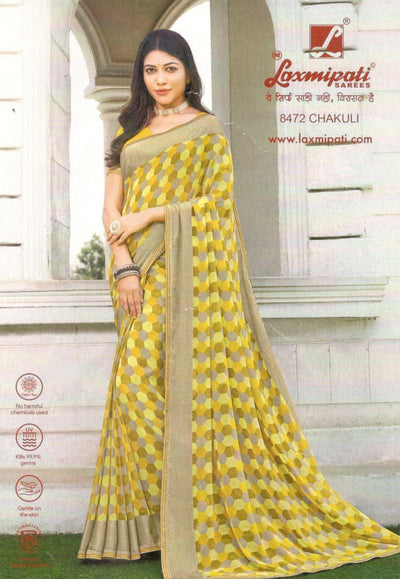 Chic Yellow-Gold Fancy Saree with Geometric Honeycomb Print