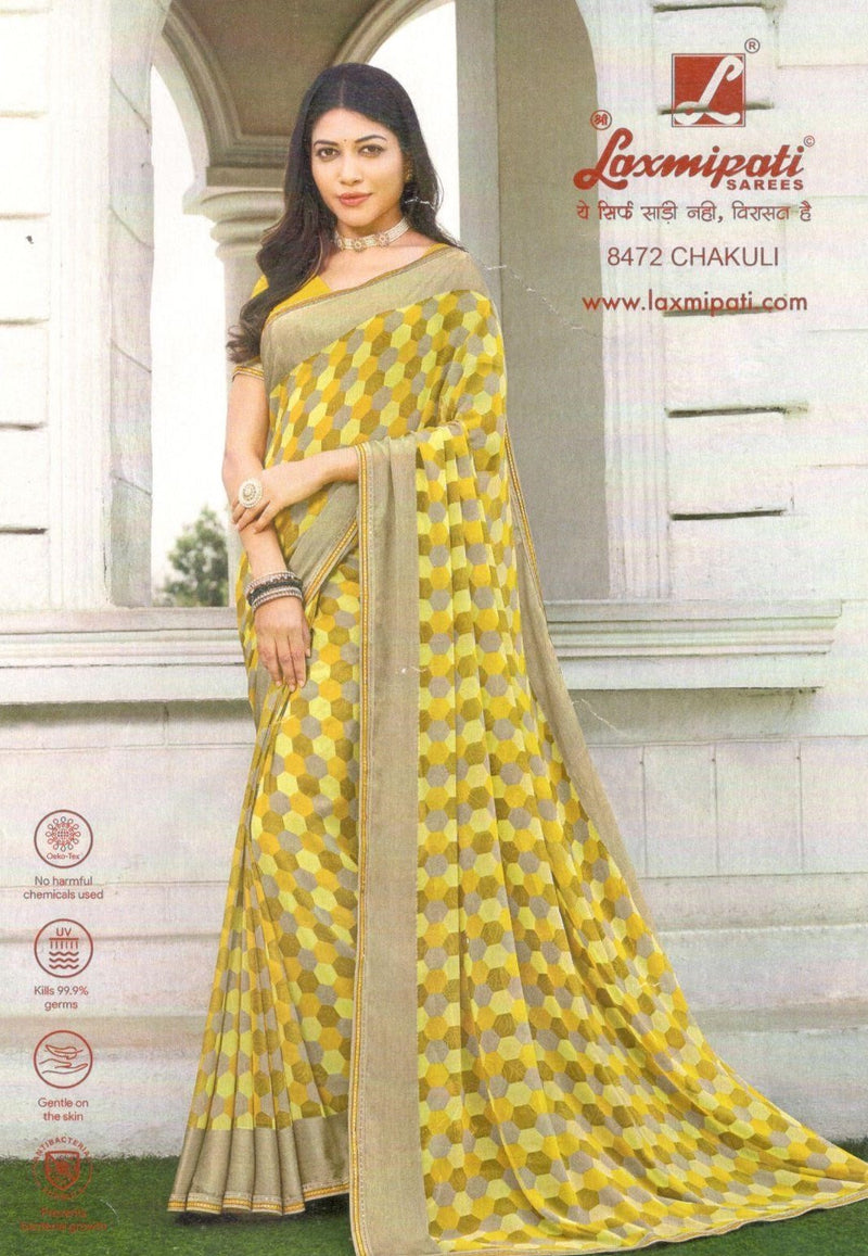 Chic Yellow-Gold Fancy Saree with Geometric Honeycomb Print