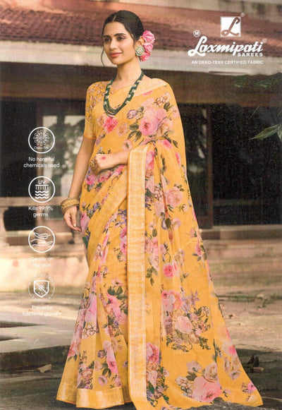 Charming Yellow Floral Chiffon Saree by Laxmipati
