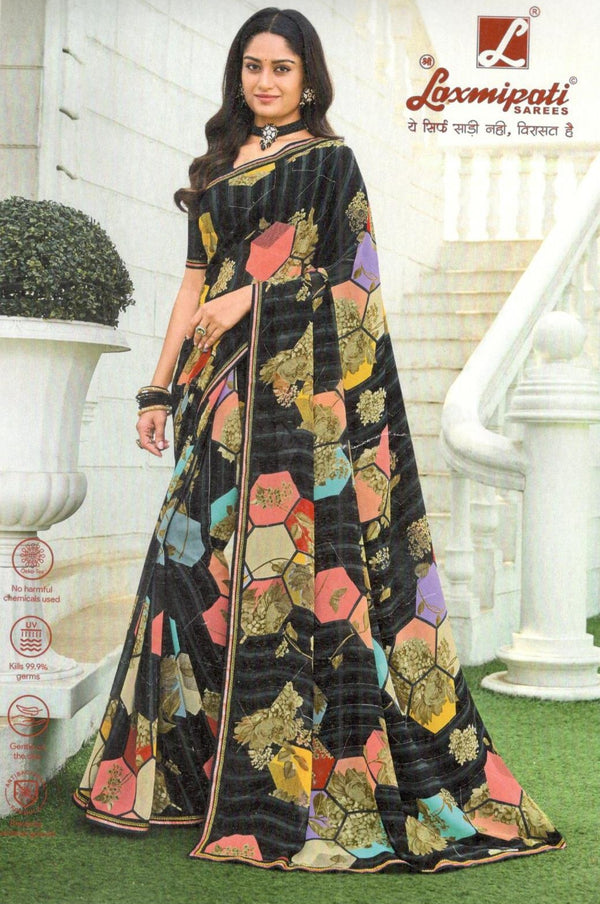 Bold Black Georgette Fancy Saree with Multi-Color Geometric Floral Print