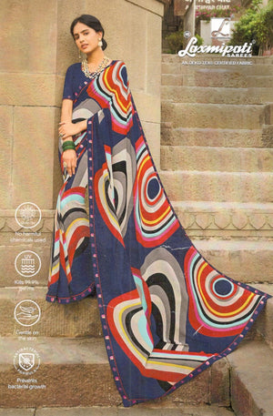 Artistic Navy Blue Georgette Saree with Multi-Color Abstract Circles