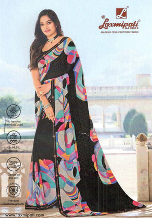 Abstract Black Georgette Saree with Vibrant Geometric Print