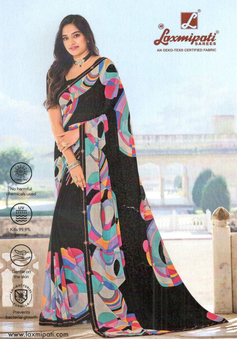 Abstract Black Georgette Saree with Vibrant Geometric Print