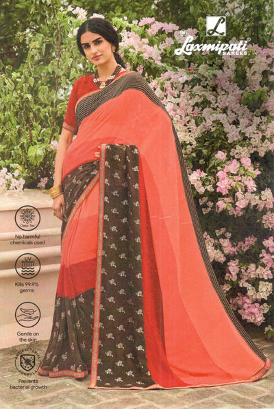 Elegant Peach & Brown Georgette Saree with Delicate Floral Border