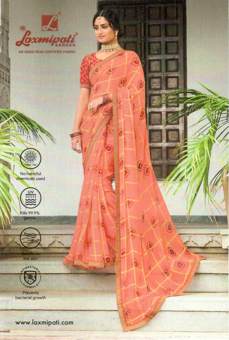 Charming Peach Orange Georgette Saree with Checkered & Motif Print
