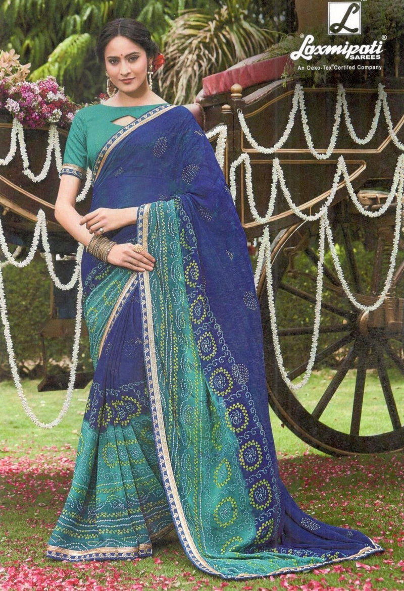 Majestic Blue & Green Dual-Tone Georgette Saree with Bandhani Motifs