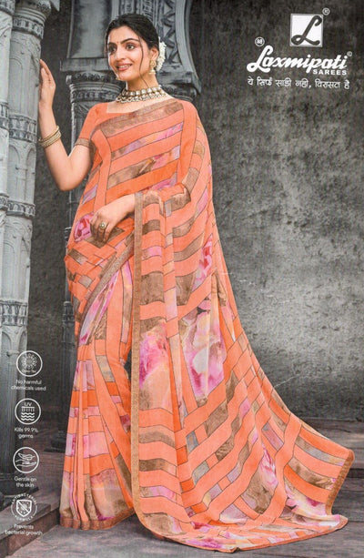 Stylish Orange Georgette Saree with Abstract Geometric & Floral Print