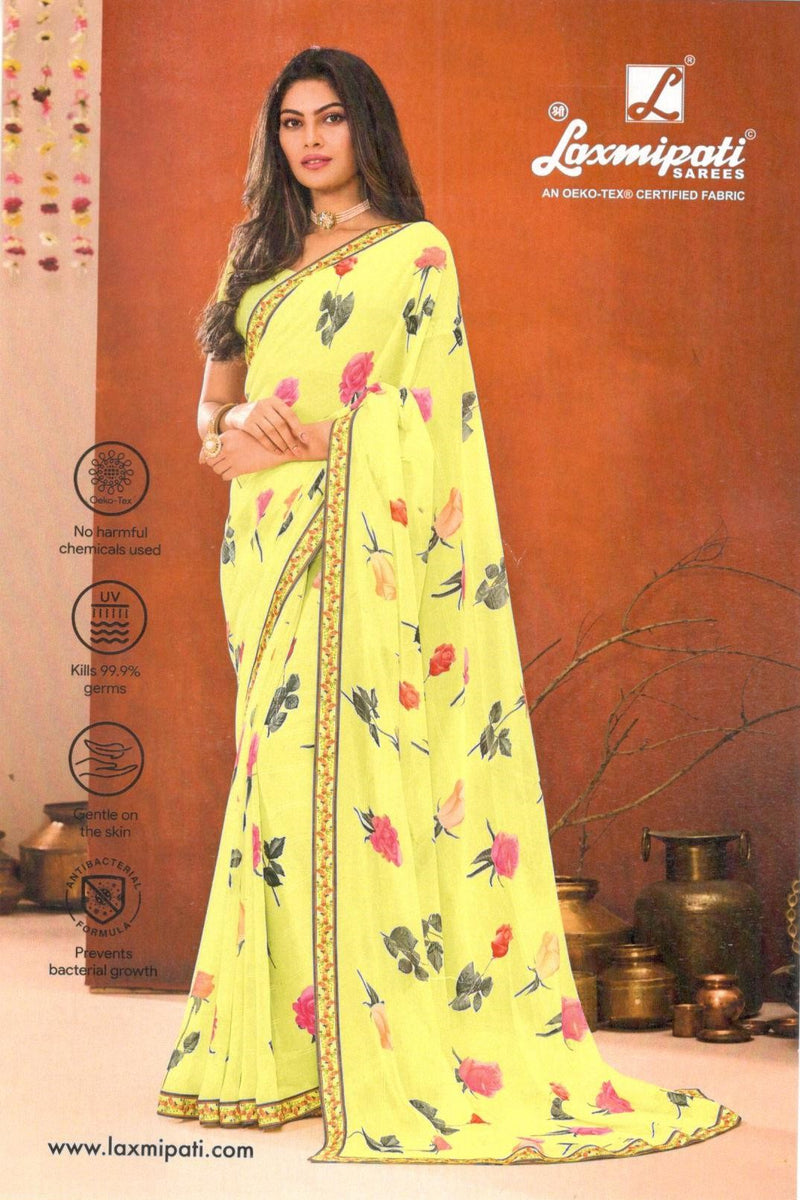 Fresh Lime Yellow Georgette Saree with Delicate Pink Floral Prints