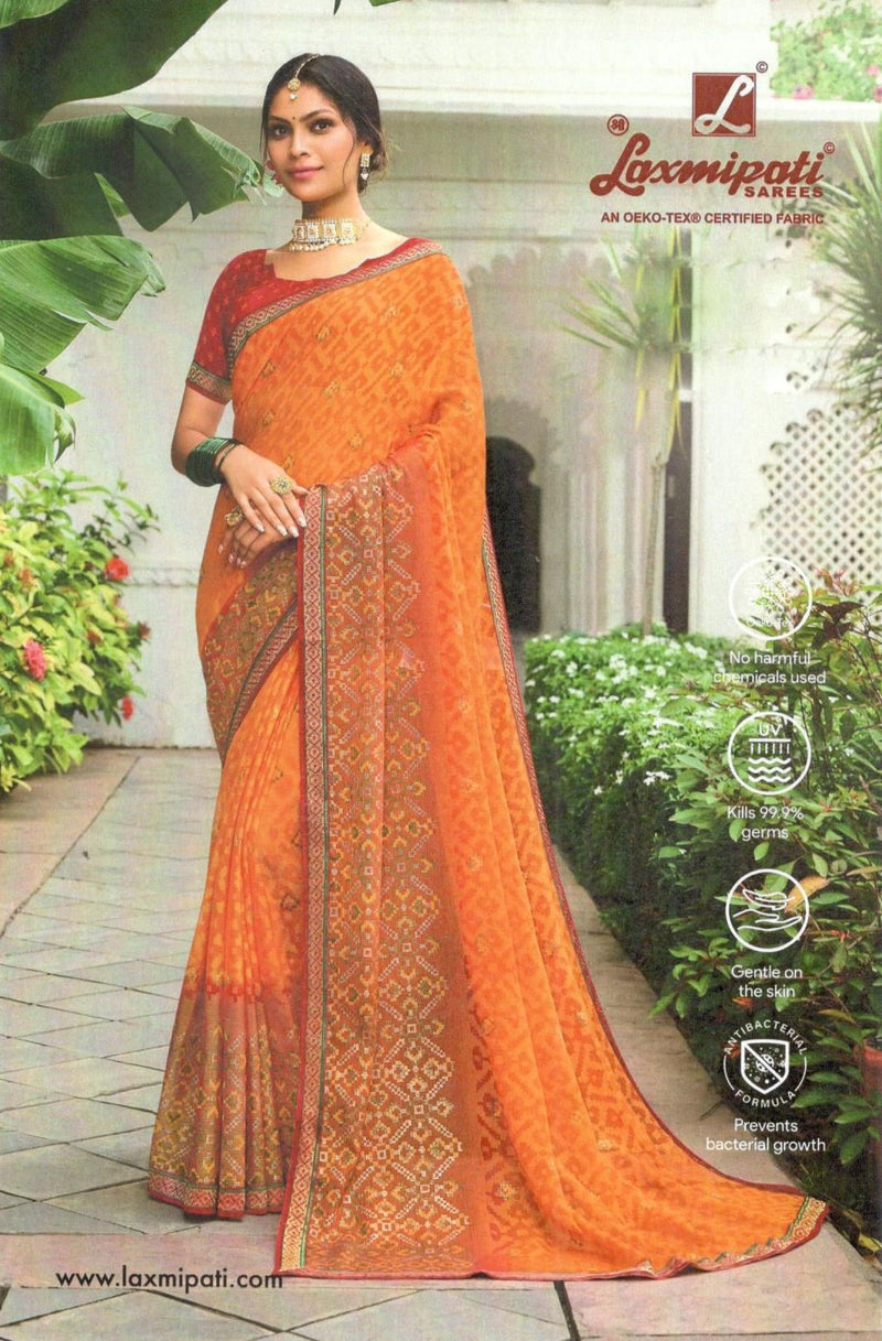 Exquisite Bright Orange Georgette Saree with Intricate Geometric Patterns