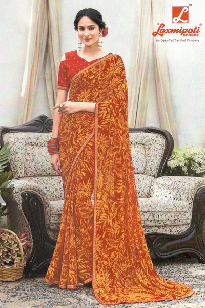 Regal Maroon Georgette Saree with Elegant Golden Leaf Motif Print