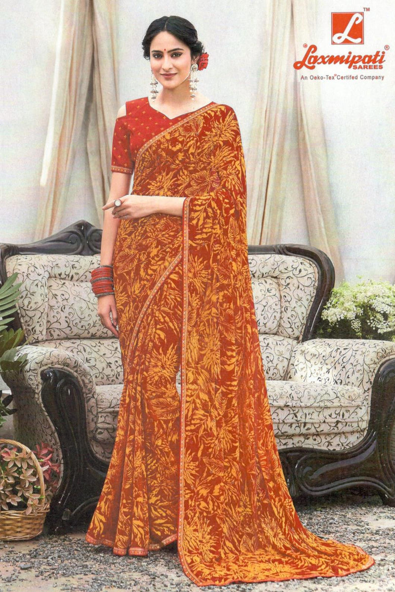 Regal Maroon Georgette Saree with Elegant Golden Leaf Motif Print