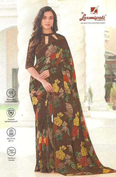 Chic Mocha Brown Georgette Saree with Vibrant Floral Print