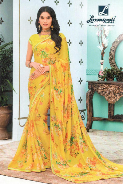 Vibrant Sunny Yellow Chiffon Saree with Delicate Floral Print