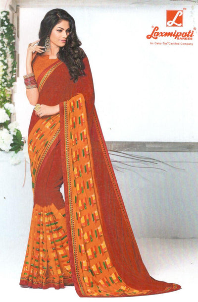 Elegant Rust Orange Georgette Saree with Geometric Block Print Pallu