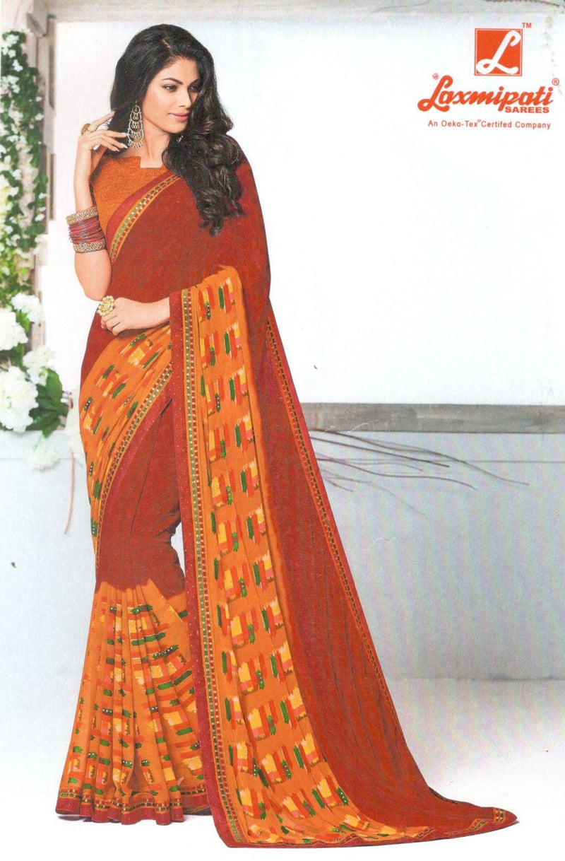 Elegant Rust Orange Georgette Saree with Geometric Block Print Pallu