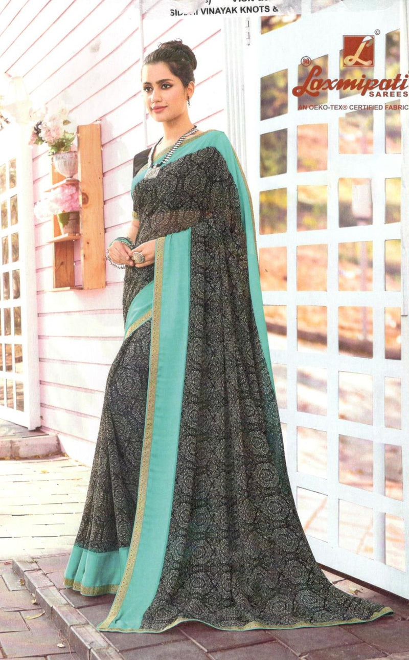 Sophisticated Charcoal Grey Saree with Intricate Print & Mint Green Border