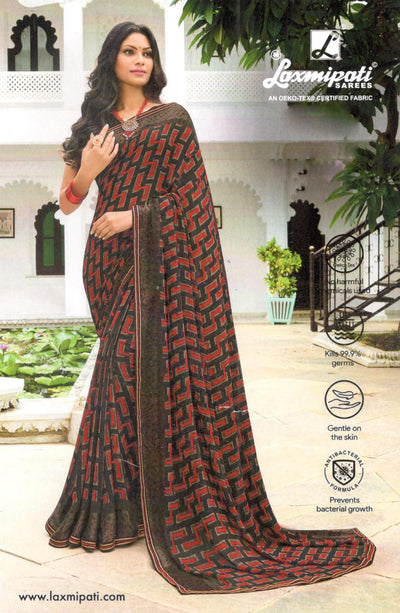Bold Dark Brown Crepe Saree with Striking Red Geometric Print