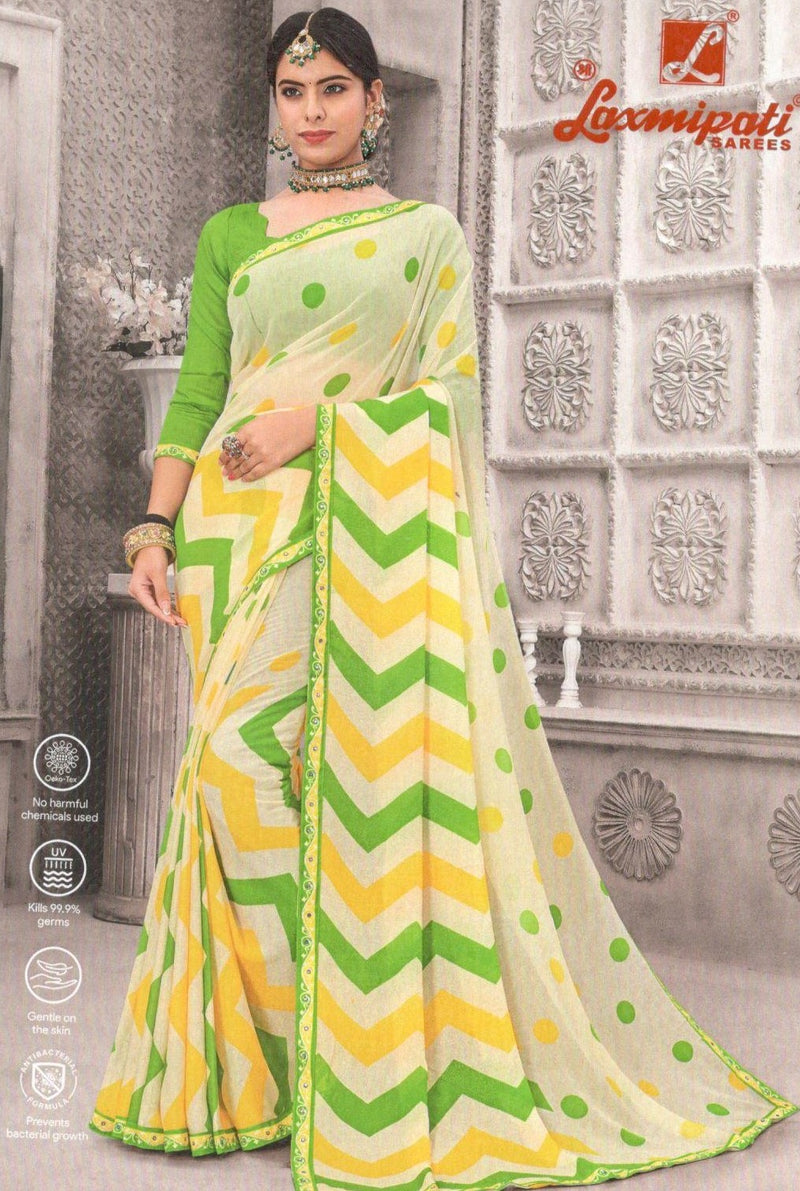 Playful Cream Georgette Saree with Green & Yellow Chevron Polka Dots