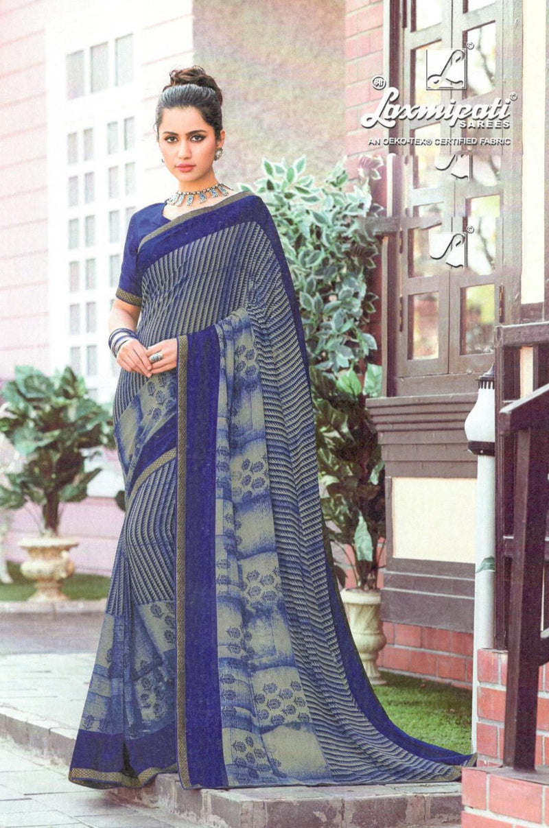 Charming Navy Blue & Grey Georgette Saree with Modern Striped Print