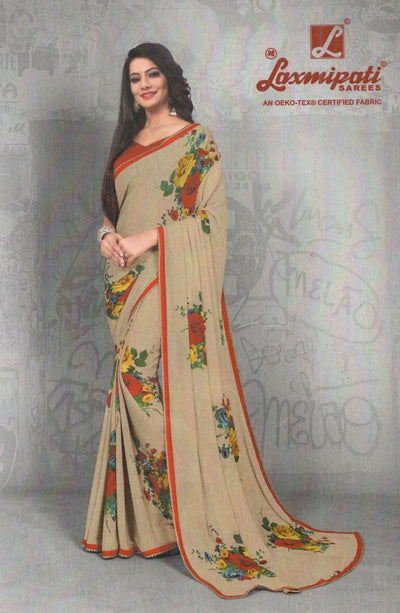 Elegant Beige Georgette Saree with Vibrant Floral Prints & Red Border