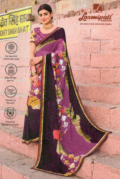Chic Purple Georgette Saree with Abstract Geometric & Floral Pattern
