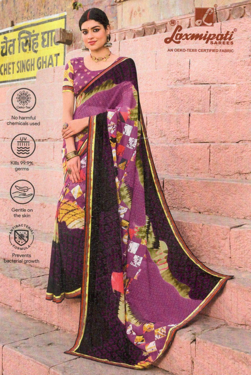 Chic Purple Georgette Saree with Abstract Geometric & Floral Pattern