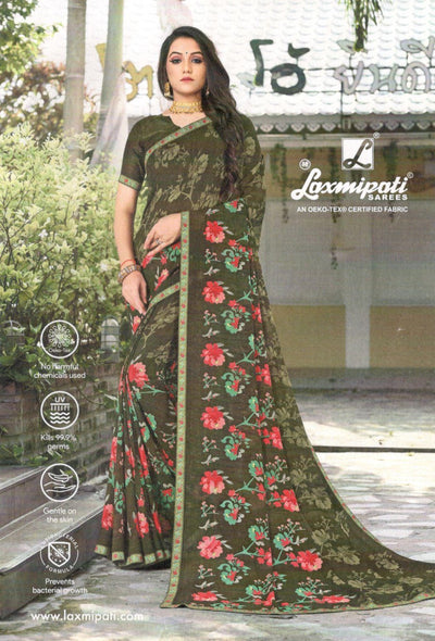 Graceful Olive Green Georgette Saree with Delicate Floral Prints