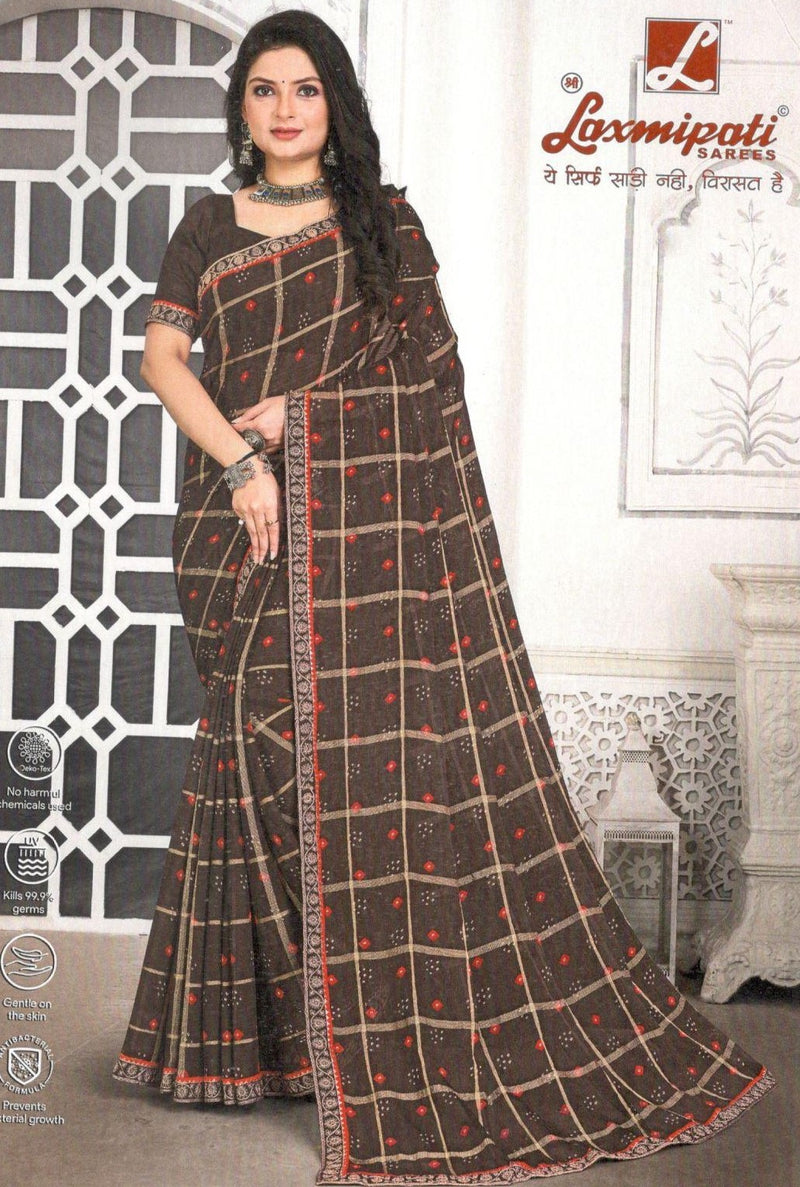 Classic Brown Art Silk Saree with Checkered Pattern & Gold Motifs