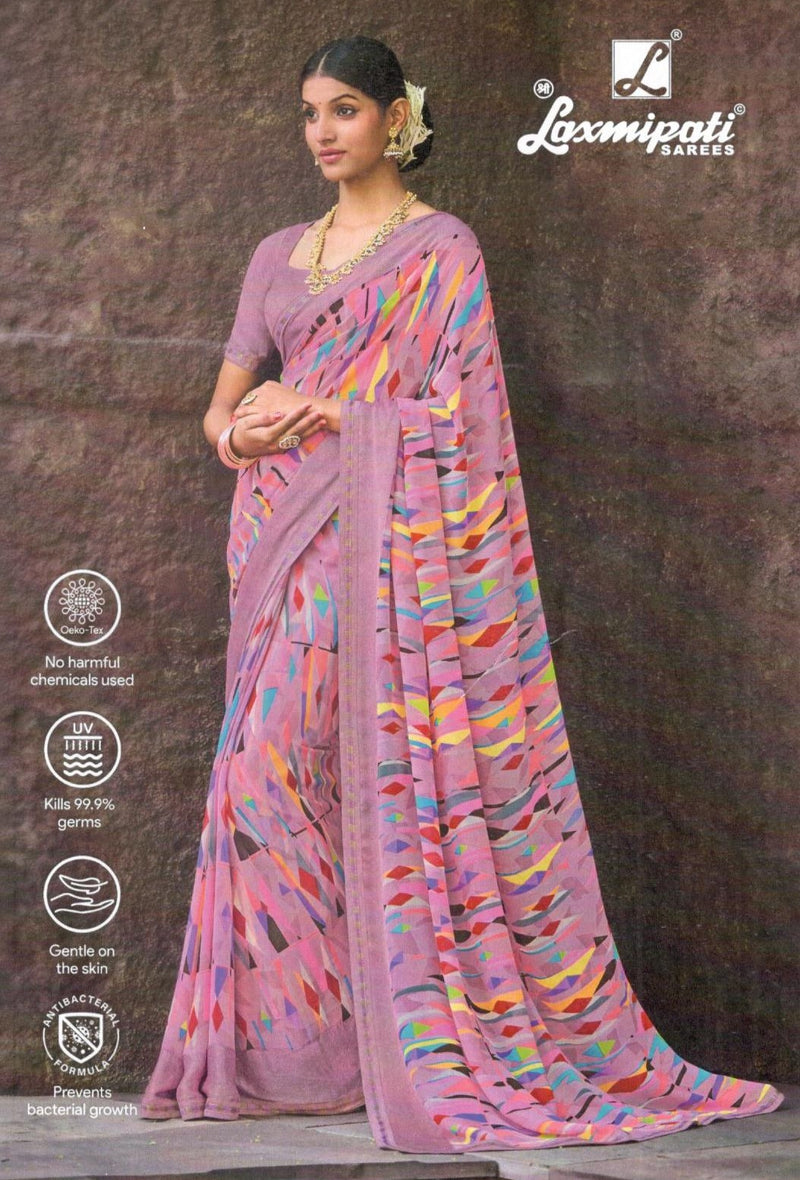 Vibrant Pink Georgette Saree with Modern Abstract Geometric Print