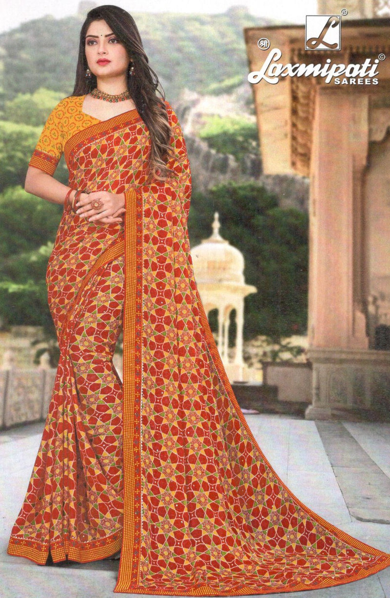 Radiant Red-Orange Art Silk Saree with Intricate Geometric Patterns