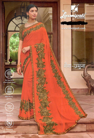 Grand Orange Georgette Saree with Rich Olive Green Floral Embroidery